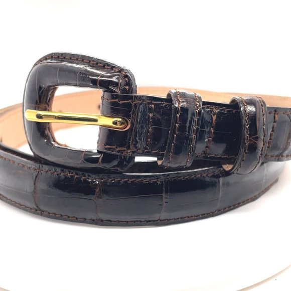 Reptile's House Dark Brown Shiny Leather Slim Belt Gold Tone - Picture 1 of 6